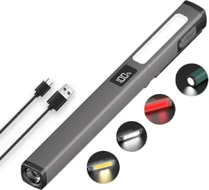 Small Rechargeable Pen Flashlights with COB Work Light, Portable LED Pocket Flashlight Bright Flashlights for Home, Car, Emergencies, with Type-C Charge, 6 Light Modes, LCD Display (Grey)