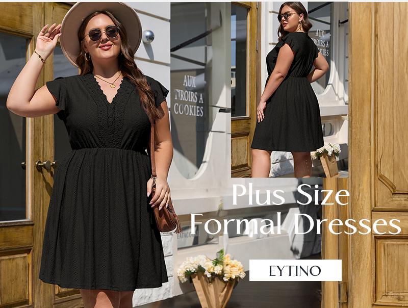 Eytino Plus Size Dresses for Women Summer Ruffle Cap Sleeve Lace V Neck Embroidery Eyelet A Line Dress(1X-5X)