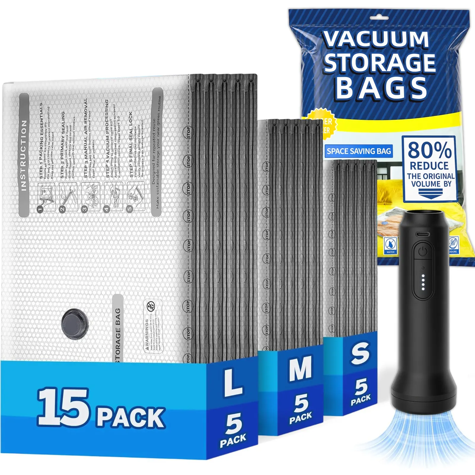 Portable Cordless Electric Pump Vacuum Storage Kit with Vacuum Sealed Bags, Sealer Bags - Hassle-Free Compression, Portable Sealer, Space-Saving for Home/Travel Clothes, Comforters