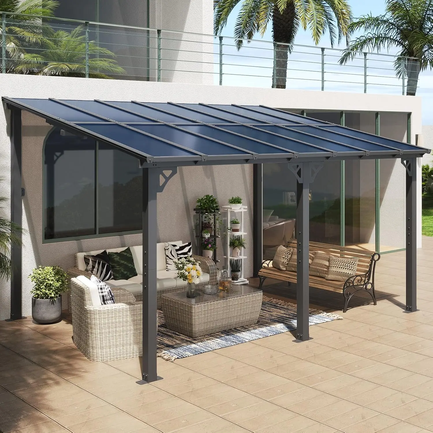 Aoxun 14'x10' Wall-Mounted Lean-To Gazebo - Sturdy Premium Hardtop Pergola, Aluminum Frame, Polycarbonate Sloped Roof, Weatherproof Stylish Outdoor Awning for Decks, Backyard Entertainment & Comfortable Protected Area