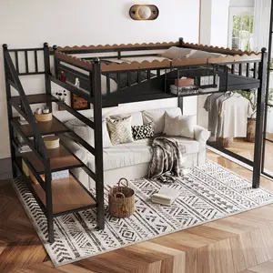 Eyisean Queen/Full/Twin XL Size Metal Loft Bed, Modern Heavy Duty Bed Frame with Wavy Guardrails & Storage Stairs, Space-Saving Loft Beds with Storage Basket & Bookshelf, Pegboard and Clothing Rack, Easy Assembly for Bedroom
