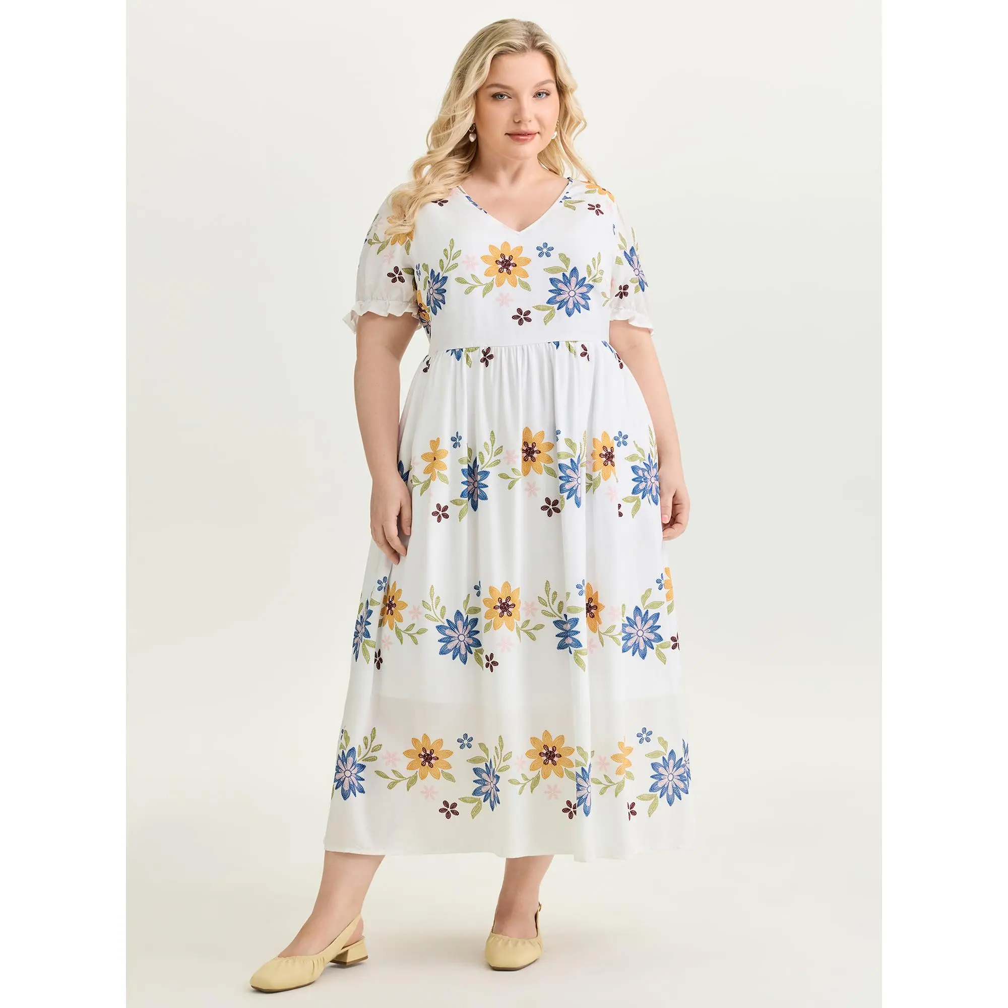BloomChic Women's Plus Size Curvy Fashion Ditsy Floral Rayon Fabric Boho Fit-and-Flare Maxi Dress - Casual Wear Pull-On with Puff Sleeves, Ruffles, Side Pocket, Cold Wash, No Tumble Dry, Low Iron