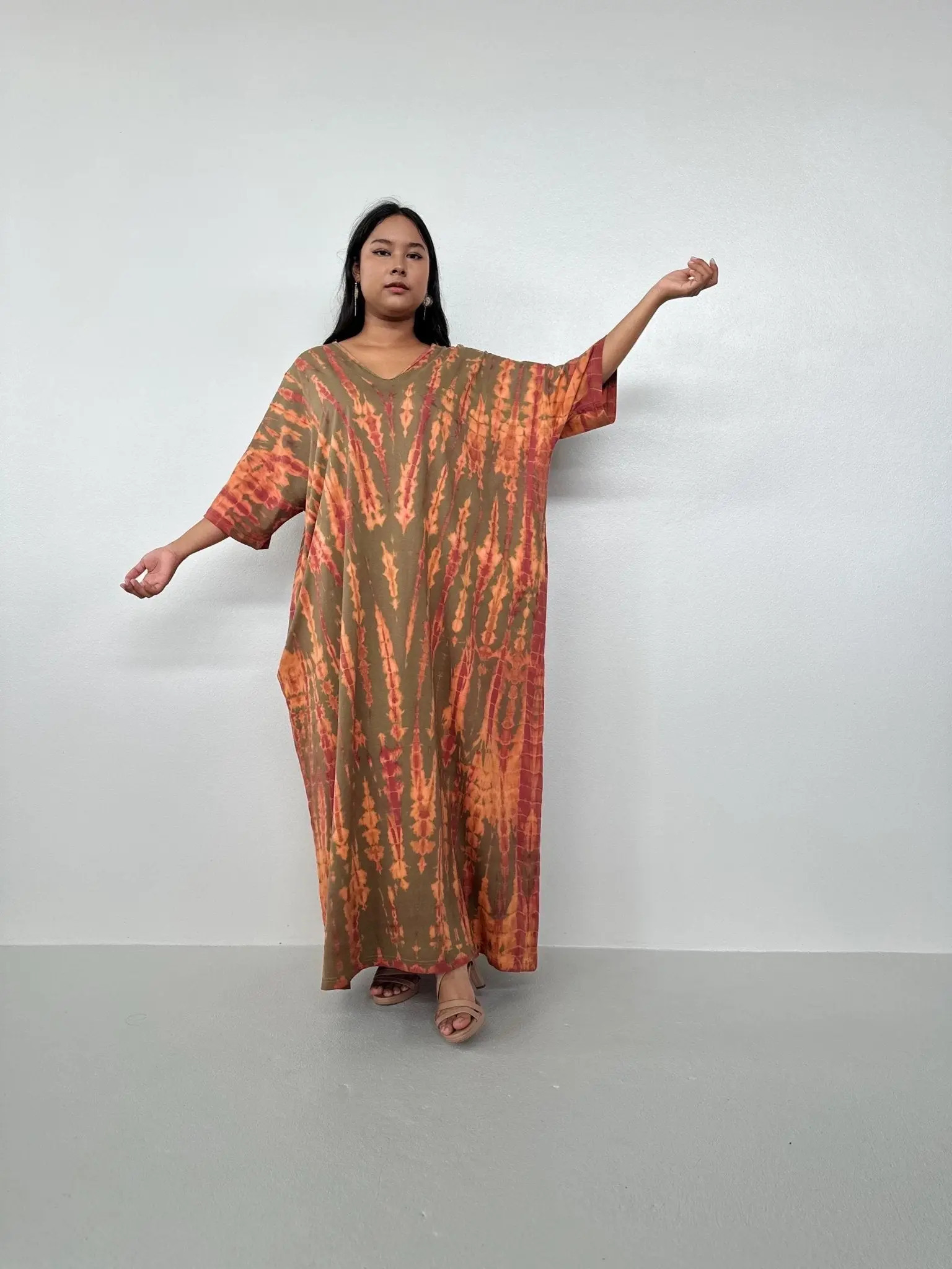 Women's Metallic Jersey Cotton Belted Kaftan - Olive & Bronze Tie Dye Long Statement Dress for Evening & Casual All-Day Wear, All Seasons Comfort Fit