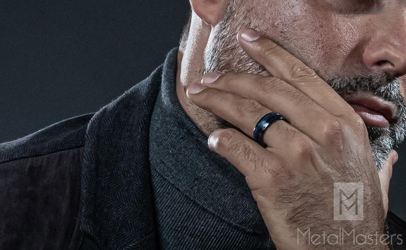 Men's Tungsten Carbide Ring Dome Real Blue Wood Inlay Wedding Band 8MM