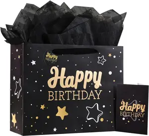 Black Birthday Gift Bag with Tissue Paper and Greeting Card, Medium (1-Piece Set, Black Starry Sky, Includes Card, Ribbon, Crinkle