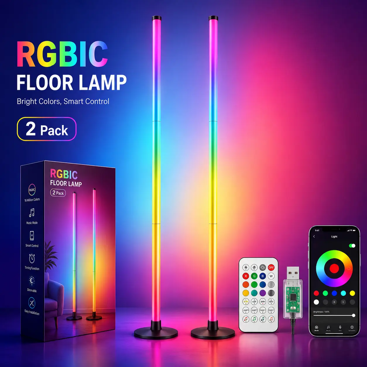 48 in RGBIC Corner Floor Lamp for Living Room Decorations, App & Remote Control, App Synced Music Sync LED Ambient Light, Carbon Fibre Build, Suitable for Age 16+ (1PCS/2PCS), Home Decor Lighting, Immersive Ambient Lights