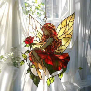 Rose Fairy Acrylic Suncatcher – Faux Stained Glass Window Hanging – Whimsical Garden Decor & Gift for Flower Lovers Wall Ornaments Wall Decoration