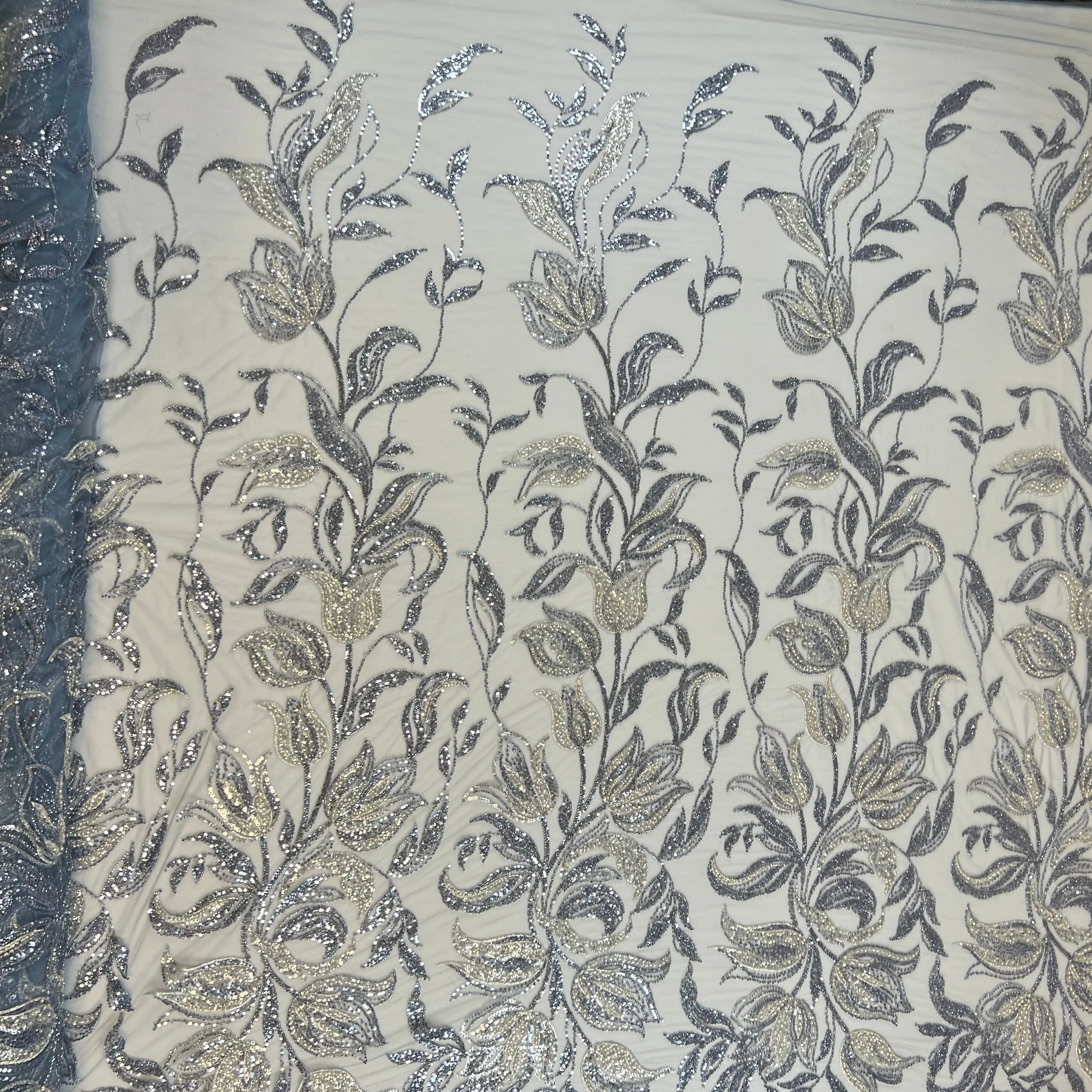 Water Tulip Beaded Embroidery Tulle - Slate Blue