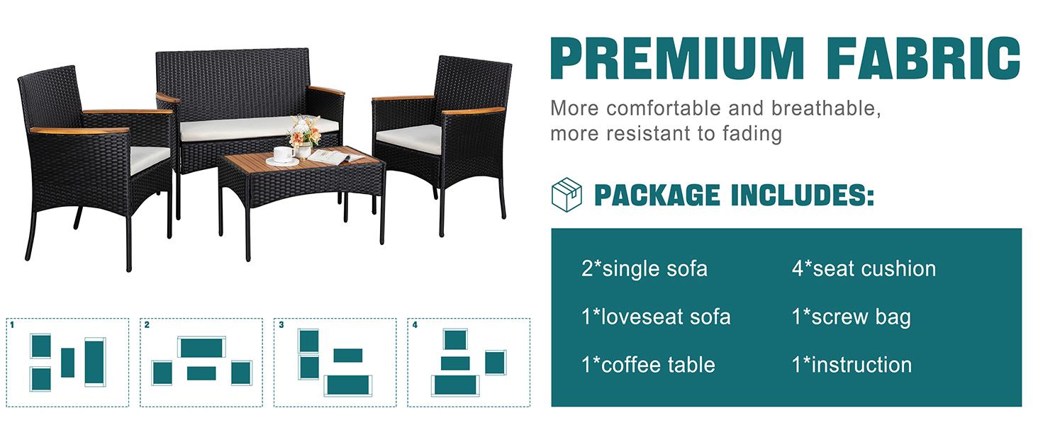 Walsunny 4-Piece Patio Furniture Set, Outdoor Wicker Patio Set with Cushions and Wooden Table for Lawn Backyard, White Rustic Dining Compact