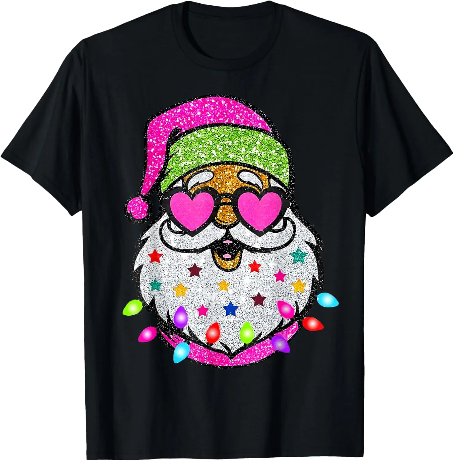1pc Cute Santa with Sunglasses & Christmas Lights Pink T-shirt | Fashionable Design | Unisex | Christmas Occasions | Cute and eye-catching, brightens the festival