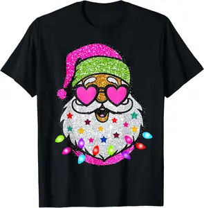 1pc Cute Santa with Sunglasses & Christmas Lights Pink T-shirt | Fashionable Design | Unisex | Christmas Occasions | Cute and eye-catching, brightens the festival