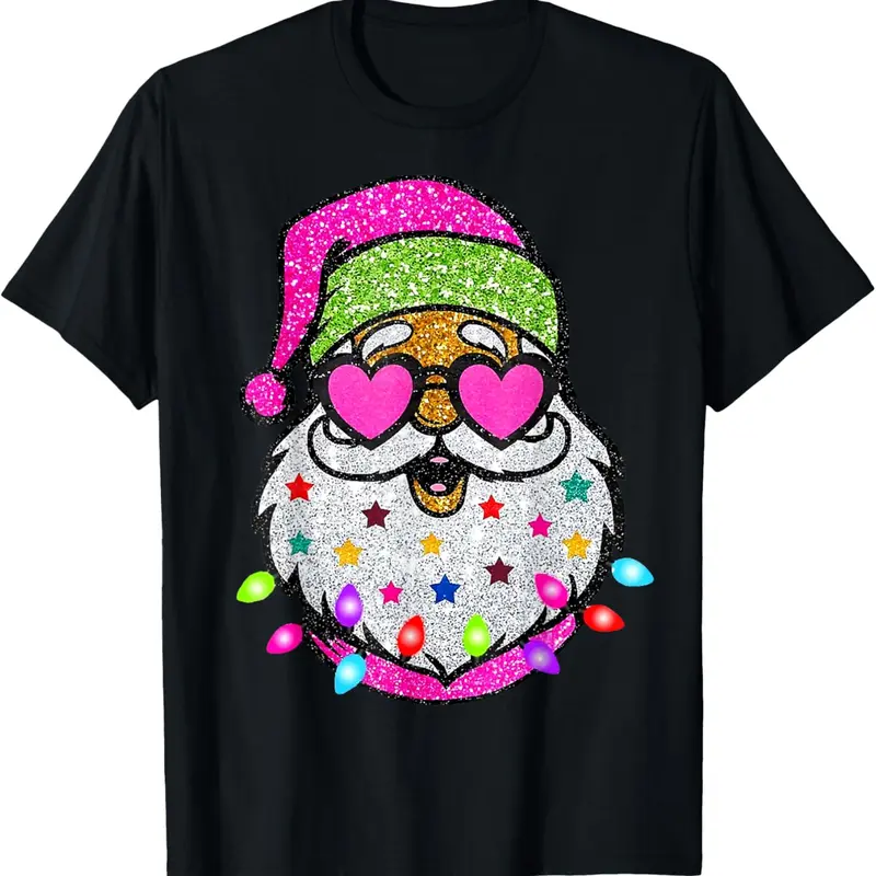 Women's Short-Sleeve Cotton Tshirt - Cute Festive Santa Print with Sunglasses, Christmas Lights, Comfortable Fabric, Pink, Various Sizes, Casual Fits for Christmas Occasions