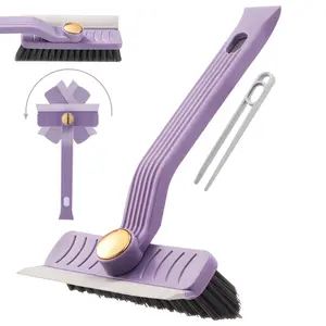 Floor Scrubbing Brush 3 in 1 Cleaning Brush 360-degree Rotating Quick Drying Floor Scrubber with Hard Bristle Crevice Cleaning Brush for Kitchen Bathroom Swimming Pool(Purple)