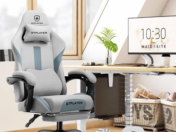 【New Year Sale】GTPLAYER Gaming Reclining Swivel Chair, Breathable Fabric Memory Foam Pillow, Smooth Rolling Swivel w/ Premium Spring Cushion