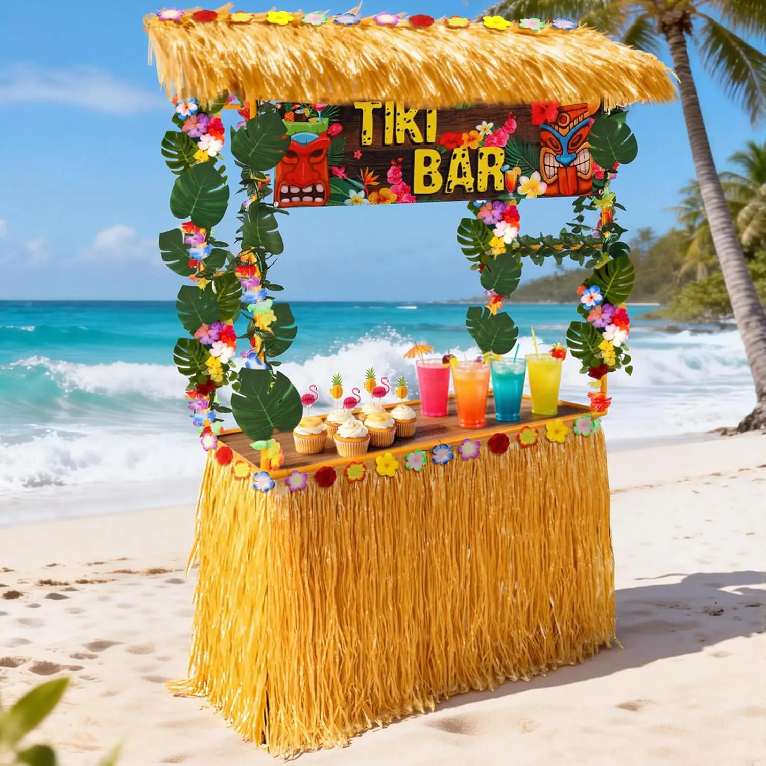 96 PCS Portable Tiki Bar Hut Kit, Festive Party Decoration Set with Table Skirt, Banner, Hawaiian Garland, Artificial Palm Leaves, Flowers for Tropical Parties, Christmas, Baby Shower Gifts, Fits All Desk Shapes, Hosts & Renter