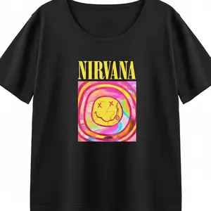 S-6XL Nirvana Psychedelic Smiley Face Graphic T-Shirt Retro Rock Band Grunge Tee | 90s Vintage Style Music Shirt for Women KT0898