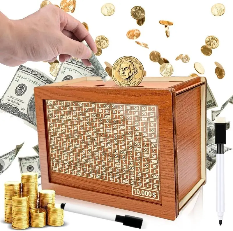 $10,000 Savings Challenge Box – 10K Smash Money Saving Box, Wooden Cash Savings Bank for Adults & Kids, Money Saving Tracker, Cash Vault, Cashbox Kakeibo Budget Savings Box