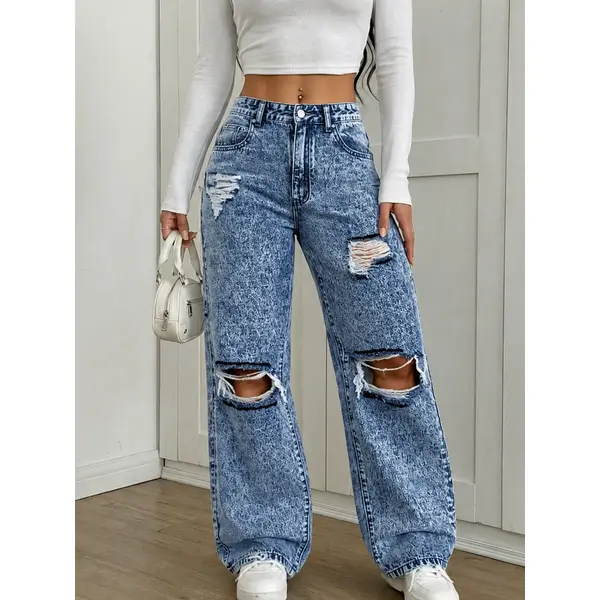 Women's High-Rise Retro Snow Wash Distressed Baggy Wide-Leg Jeans - Oversize Comfortable Pocket Pants with Destroyed Holes for Teen Grunge Outfits, Below The Ankle