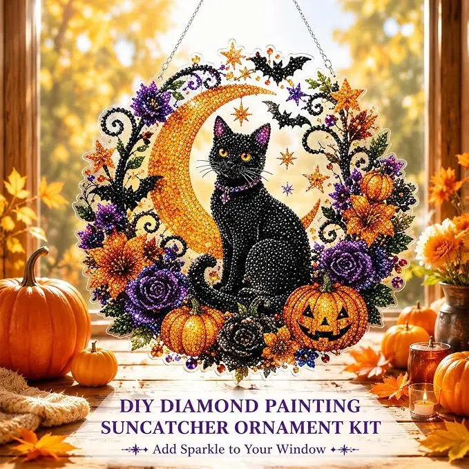 Magical Floral Colorful Hangable Halloween Diamond Painting Suncatcher Ornament Kit, Pumpkin-Black Cat DIY Diamond Art Kits, Acrylic Window Hanging Craft, Sparkling Fall Home Decor Gift for Indoor Recreation