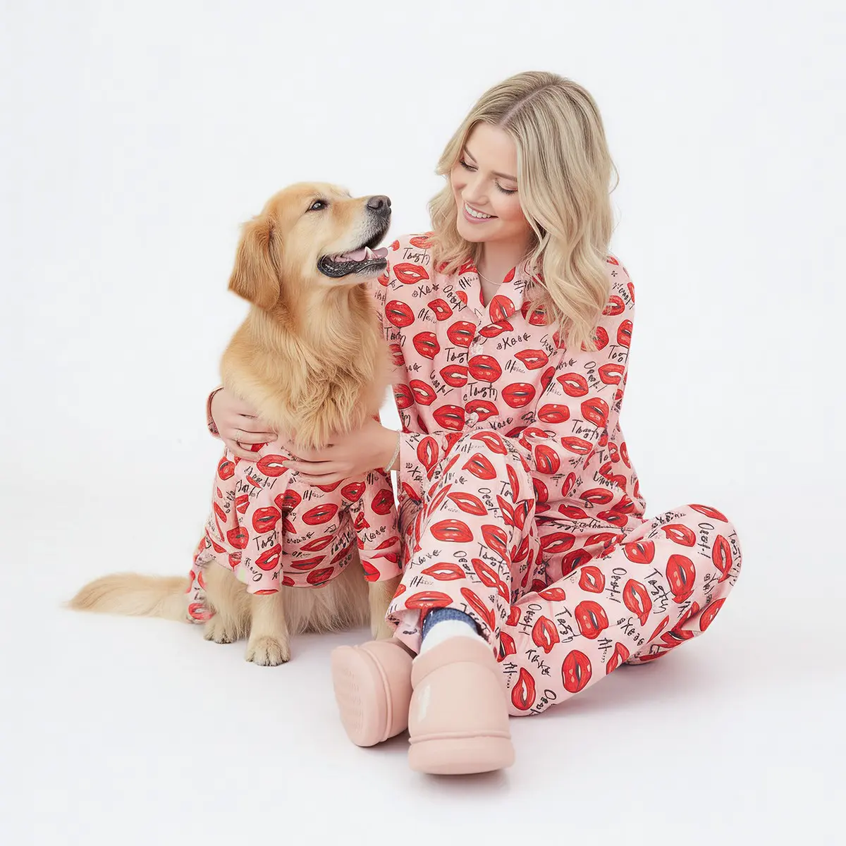 Matching Dog and Owner Pajamas, Ultra Soft Stretchable Fabric PJ Onesie, Lip Heart Pattern Design, Suitable for Small/medium/large Dogs & Humans, Sizes S-6xl