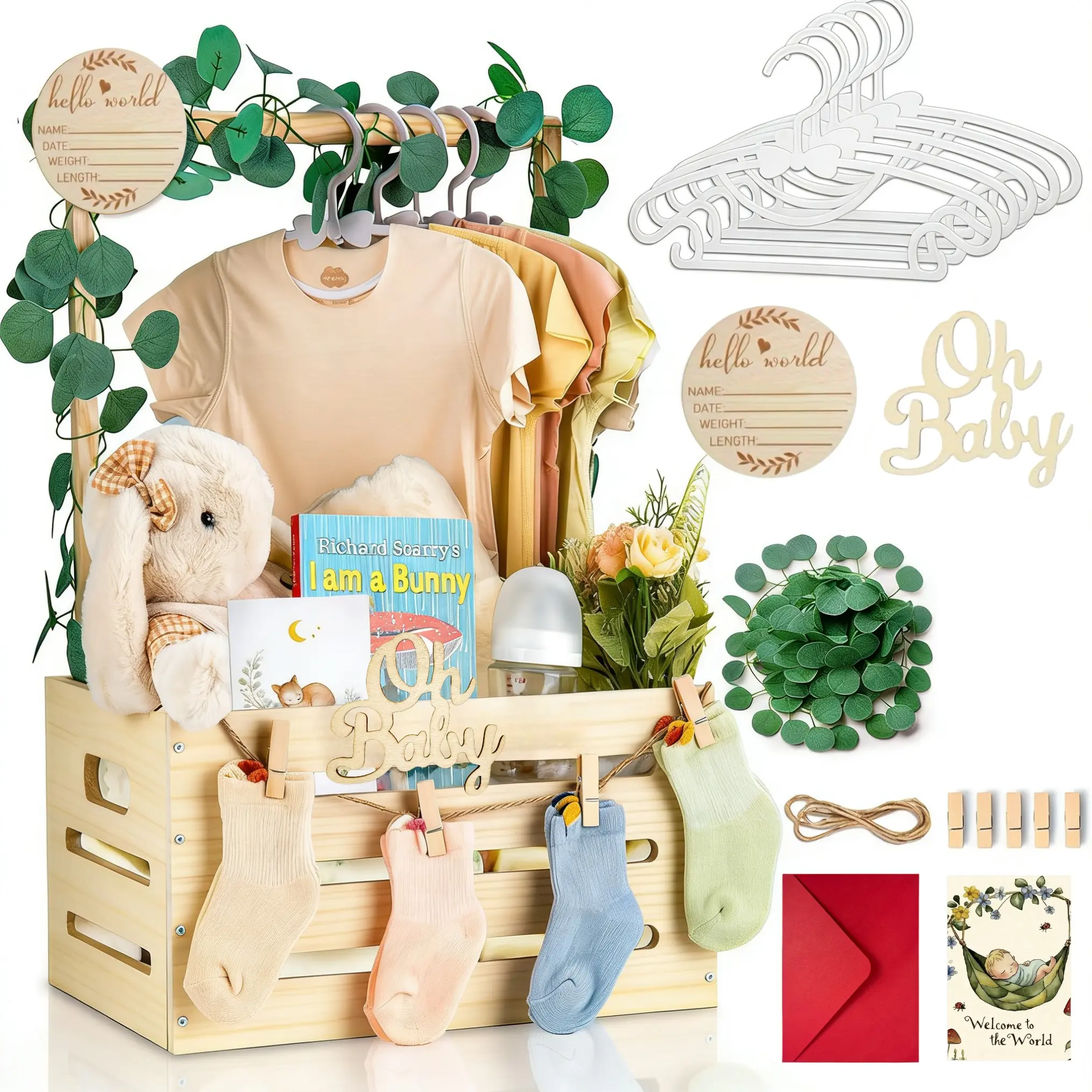 Wooden Storage Basket Organiser, Clothes Basket, Organizing Baskets, Baby Shower Crate, Baby Gift Basket Option with Hanger, Hangable, Wreath, and Tag, Ideal for Newborn and New Parents' Clothing Storage, Baby Shower Gifts
