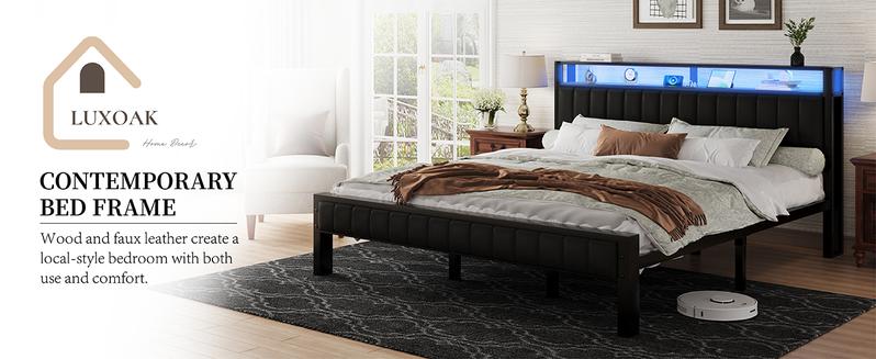 AMERLIFE Platform Bed Frame with LED Light, PU Headboard, Charging Station and 2-Tier Storage Space,Best Gift Ideas/Christmas Gifts