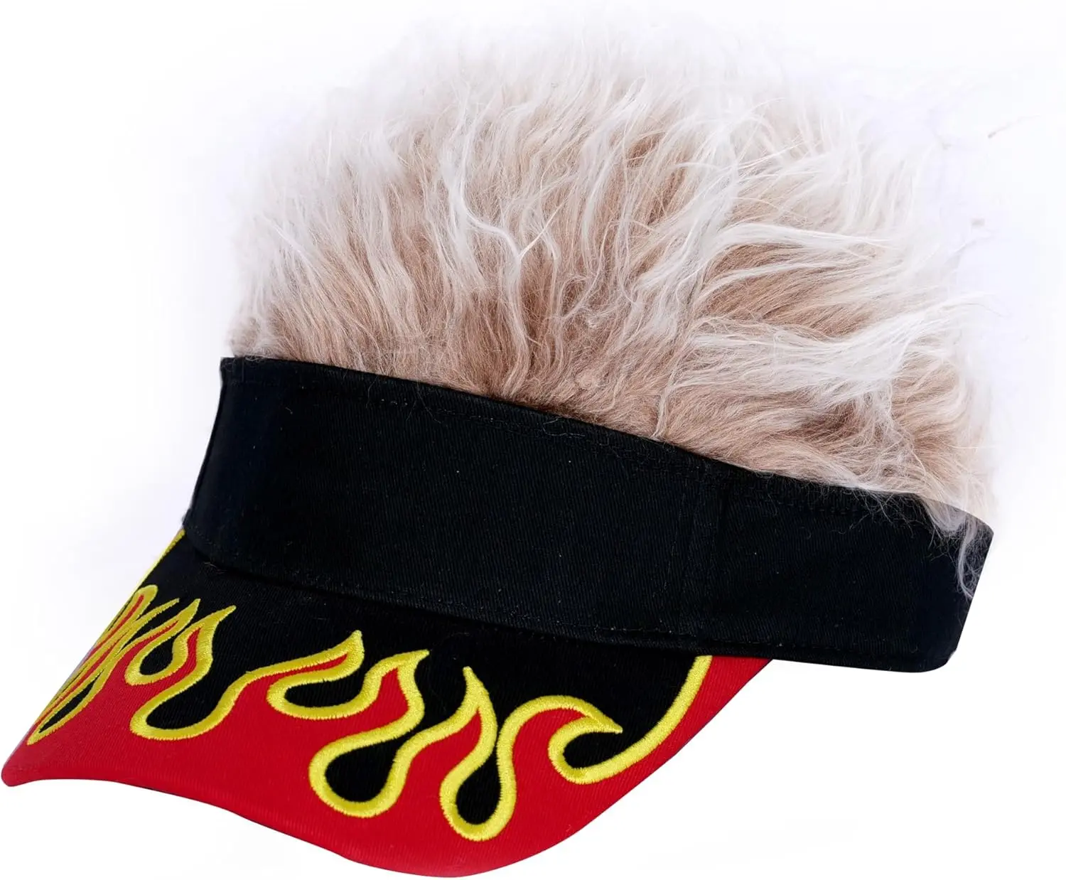 Flame Visor Hat with Spiky Fake Hair, Funny Novelty Wig Cap for Men & Women, Black Visor with Red and Yellow Flame Design for Halloween Costumes, BBQ Parties, Tailgates & White Elephant Gag Gifts