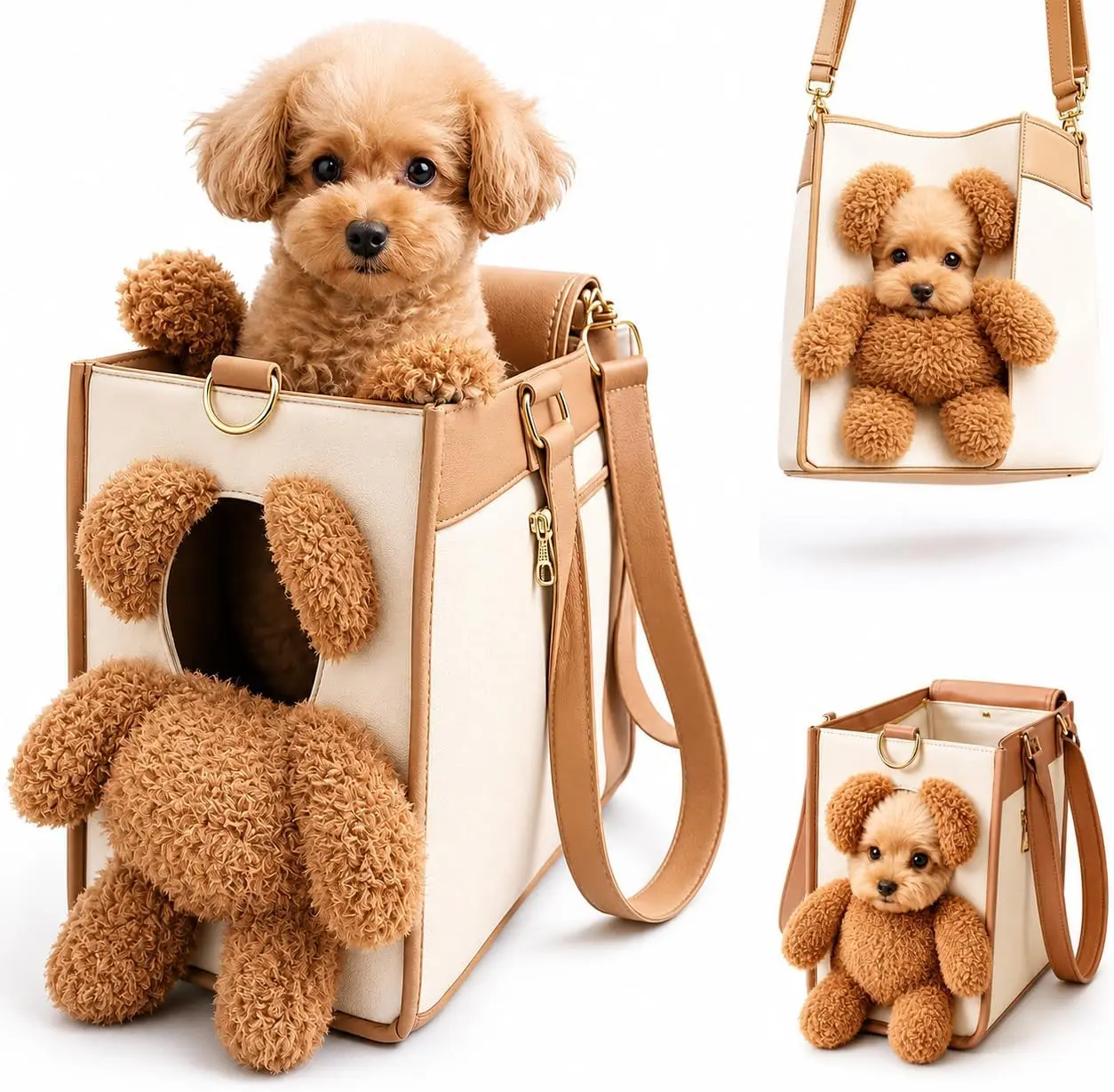 2-in-1 Cartoon Teddy Bear Dog & Cat Carrier Bag - Durable PU Construction, Adjustable Shoulder Strap, Peek Window, Furry Ears, Lightweight & Comfortable Hand Carry for Small Pets (Car Trips, Outdoor Walking)