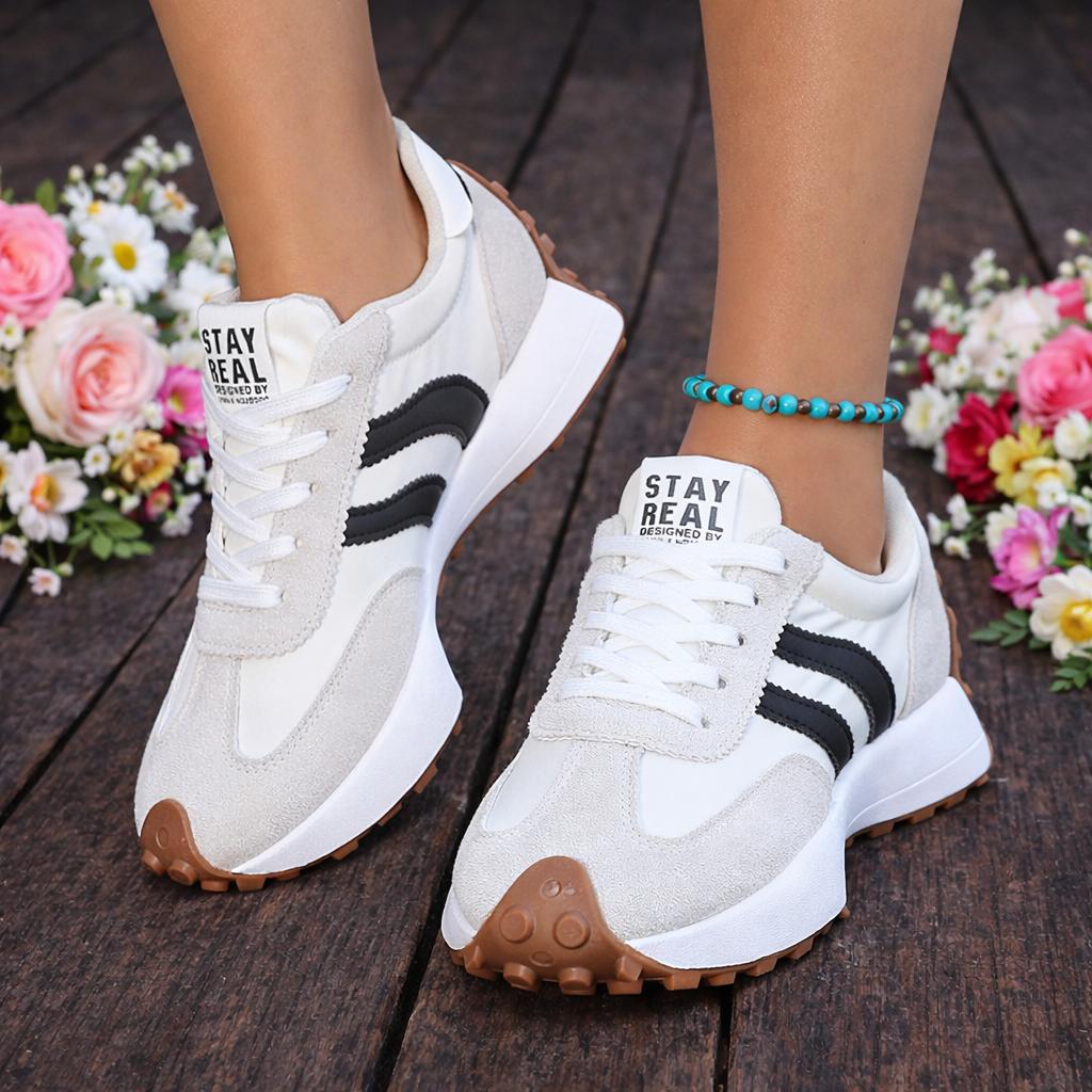 Women's Retro Color-Block Low-Top Sneakers - Breathable Fabric Upper, PU Cushioned Midsole & Wear-Resistant TPR Outsole - Lightweight and Comfortable for All Seasons - Modern Stylish Casual Shoes with Simple Design and Secure Lace-Up Closure.