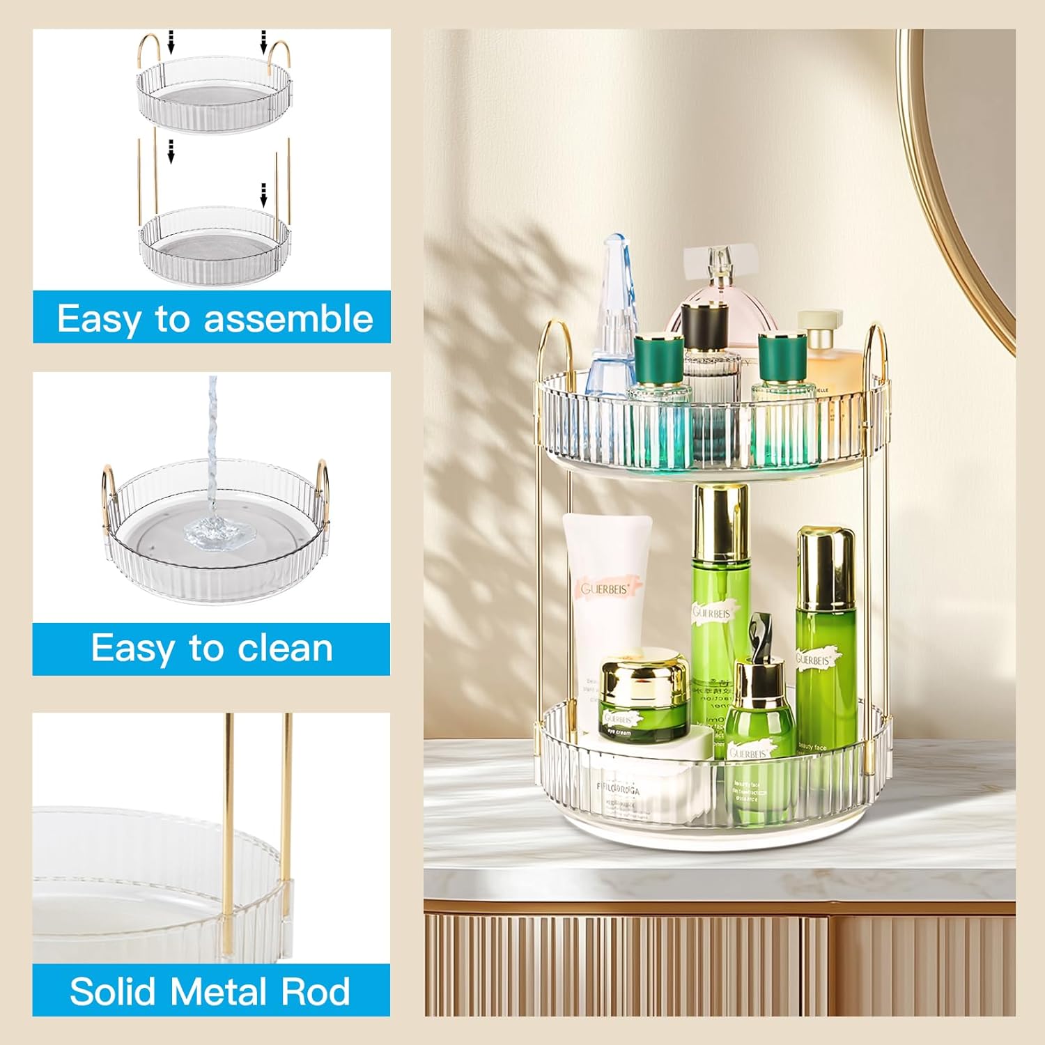 360 Rotating Makeup Organizer - 3-Size Spinning Cosmetic & Skincare Holder For Vanity Countertop 3 Colors
