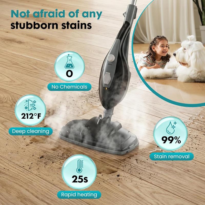 Powerful 10-in-1 Steam Mop for Home Detachable Handheld Floor Steamer with 16FT Cord & Washable Pads Cleans Hardwood Carpet Tile Grout & Windows Safe Chemical-Free Cleaning