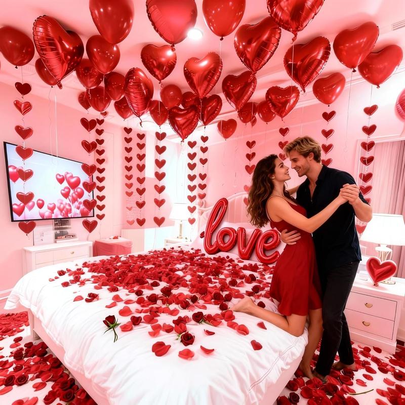 Valentine's Day Decorations Set – 1000 Rose Petals & 31 Red Heart Balloons Kit – Includes LOVE Foil Balloon & Premium Felt Heart Garland – Romantic Room Decor for Anniversary, Proposal, Wedding Night