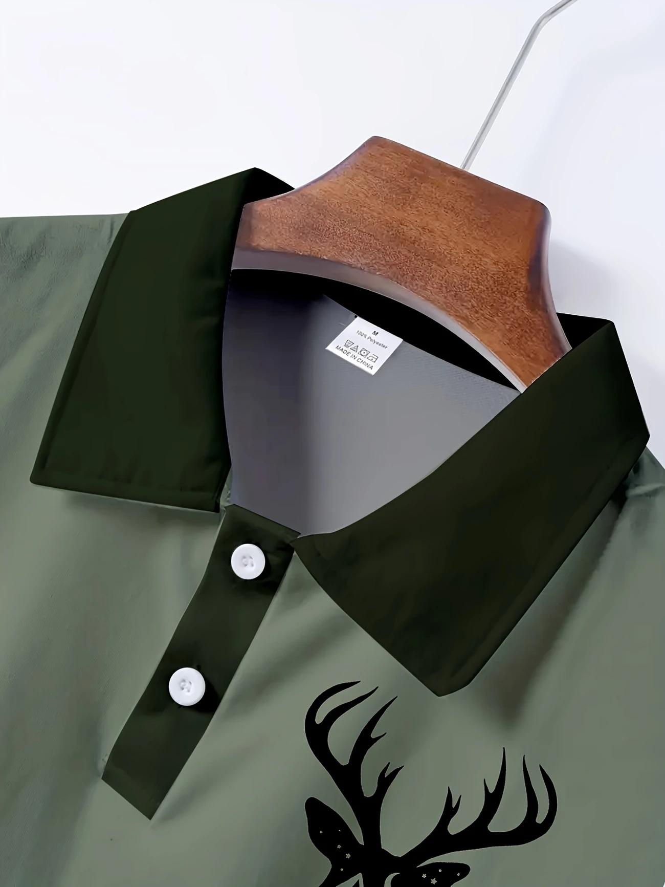 Men's Camouflage Quick Drying Shirt - Casual Outdoor Style, Deer Head Print, Short Sleeve, Button Neck, Summer Hunting and Hiking Clothing, Hiking Equipment Golf Polo Golf Apparel