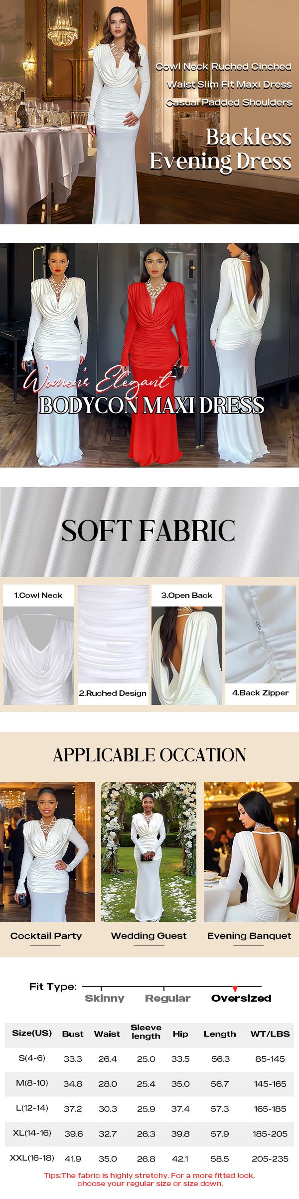 ChicMe Cowl Neck Ruched Cinched Waist Valentine's Day Slim Fit Maxi Dress Casual Padded Shoulders Backless Evening Dress for Wedding & Wedding Guest