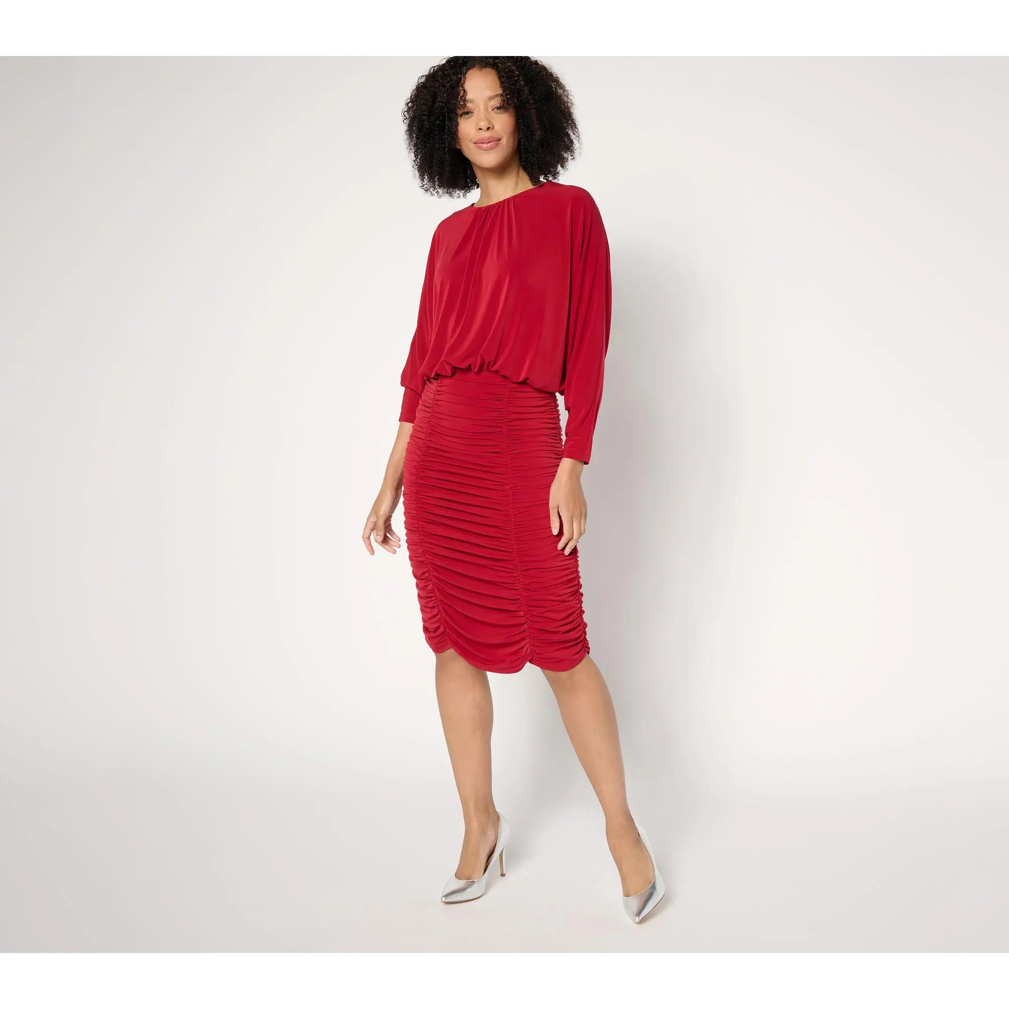 Dennis Basso Petite Italia Knit Dolman Sleeve Ruched Dress
