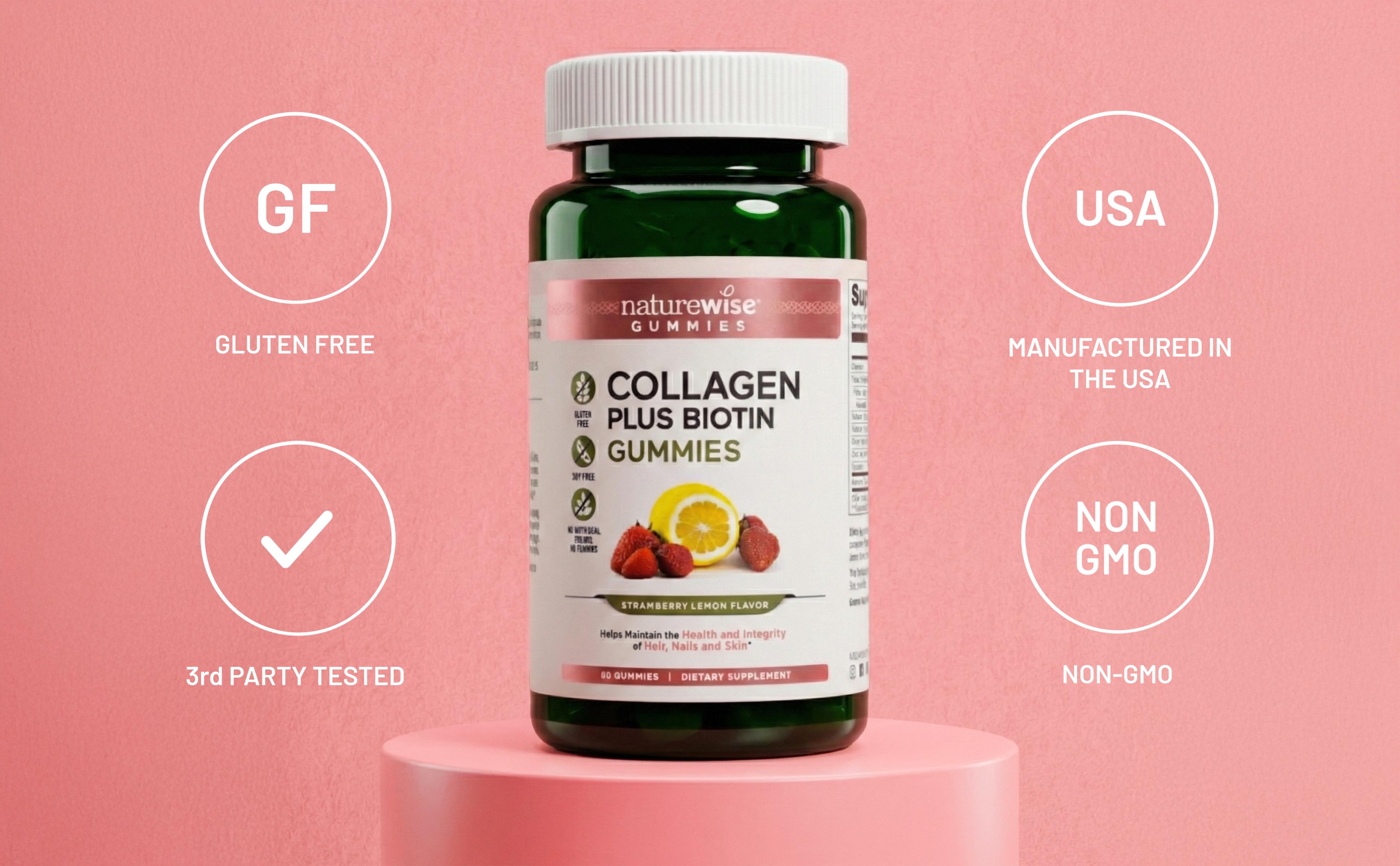 NatureWise Collagen Gummies - Clean, Gluten Free, Non-GMO Collagen Gummies in Strawberry Lemon Flavor for Hair, Skin & Nails - USA Manufactured NatureWise Collagen Gummies - Clean, Gluten Free, Non-GMO Collagen Gummies in Strawberry Lemon Flavor for Hair, Skin & Nails - USA Manufactured
