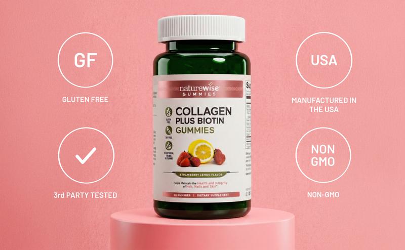 NatureWise Collagen Gummies - Clean, Gluten Free, Non-GMO Collagen Gummies in Strawberry Lemon Flavor for Hair, Skin & Nails - USA Manufactured