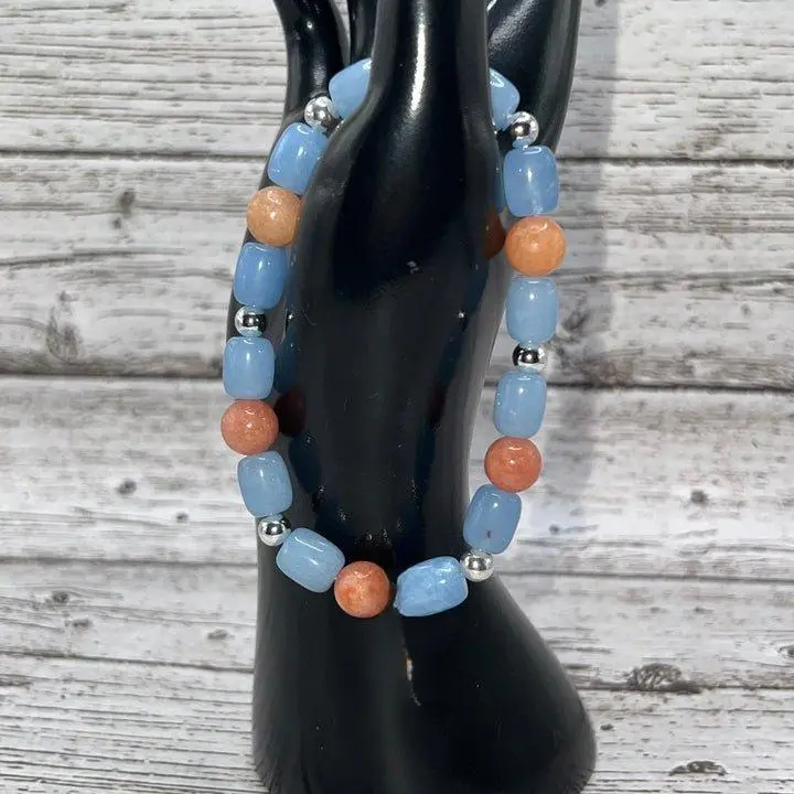 Flip Flopping Fun Orange Calcite & Blue Chalcedony Bracelet with Enamel Flip Flop Charm - Handcrafted Stretch Beaded Jewelry