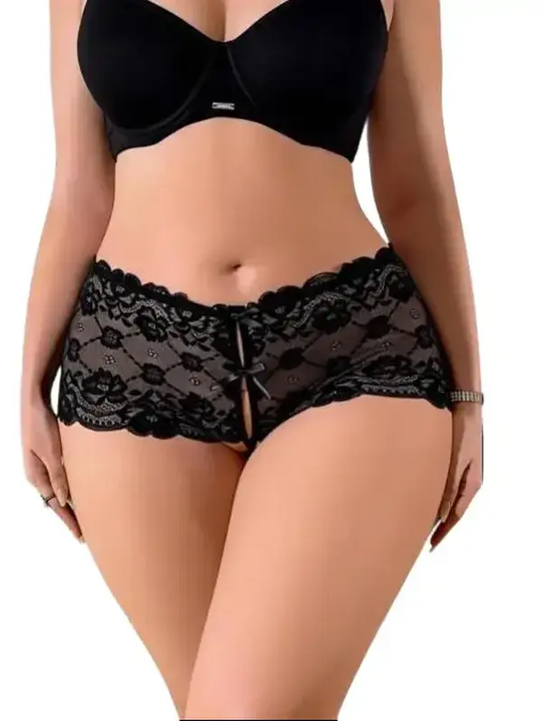 Women's Crotchless Lace Thong Panties - Sexy Lace Patterned Underwear, Soft Floral Nylon-Spandex Blend, Mid-Waist, Hollow Back, Cute Bow Accent, Breathable, Cold Wash, Normal Type, for Halloween, Couples' Dates