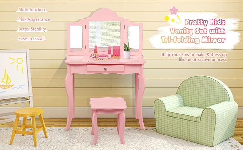 Costzon 2 in 1 Vanity Set for little Princess,  Pretend Beauty Dressing Play Toy Gift w/Tri-Folding Detachable Mirror Storage Drawer