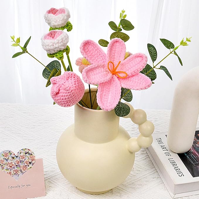 Handmade Knitted Crochet Flower Bouquet, 1 Bunch Artificial Flowers for Home Decor, Parties, Weddings & Anniversaries — Perfect Valentine’s Day, Birthday, Mother’s Day, Father’s Day & Thanksgiving Gift, Decorative Artificial Flower Set