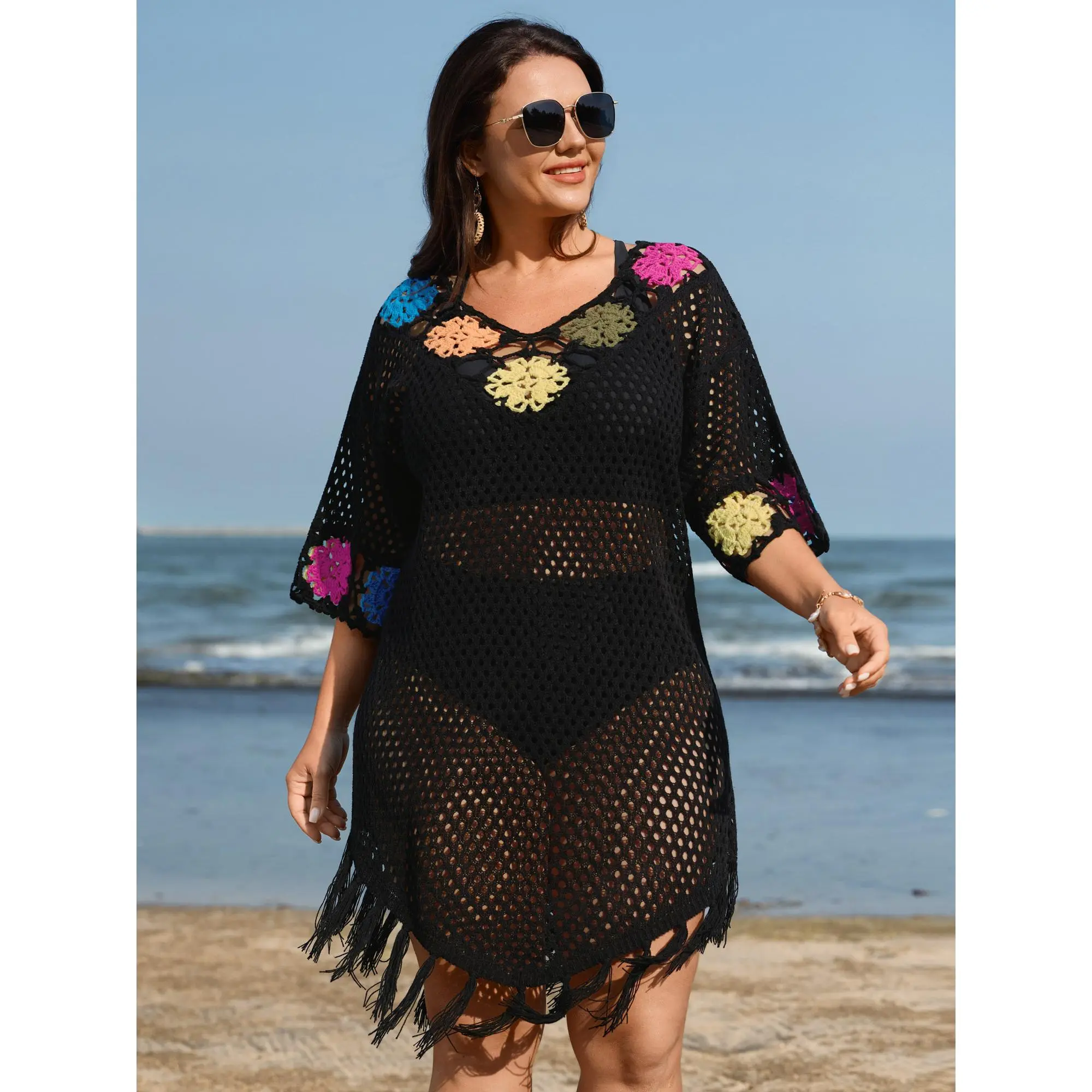 BloomChic Plus Size Floral Crochet Swim Cover-Up - Loose V-Neck Resort Tunic with Contrast Cut-Outs and Fringe Tassels, Coverups For Bathing Suits, Crochet Swimsuit Coverup, Beachwear Cover Up, Acrylic