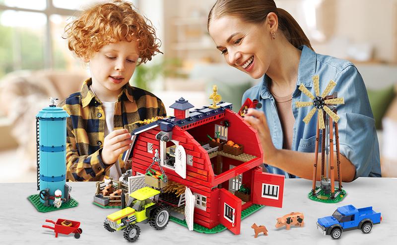 Farm Barn Building Set with LED, Western Farm House Building Block with Windmill Tractor Horse Animals 1405 PCS, Big Barn Construction Toy Brick Kit for Adults Teens Boys Girls 10-12+