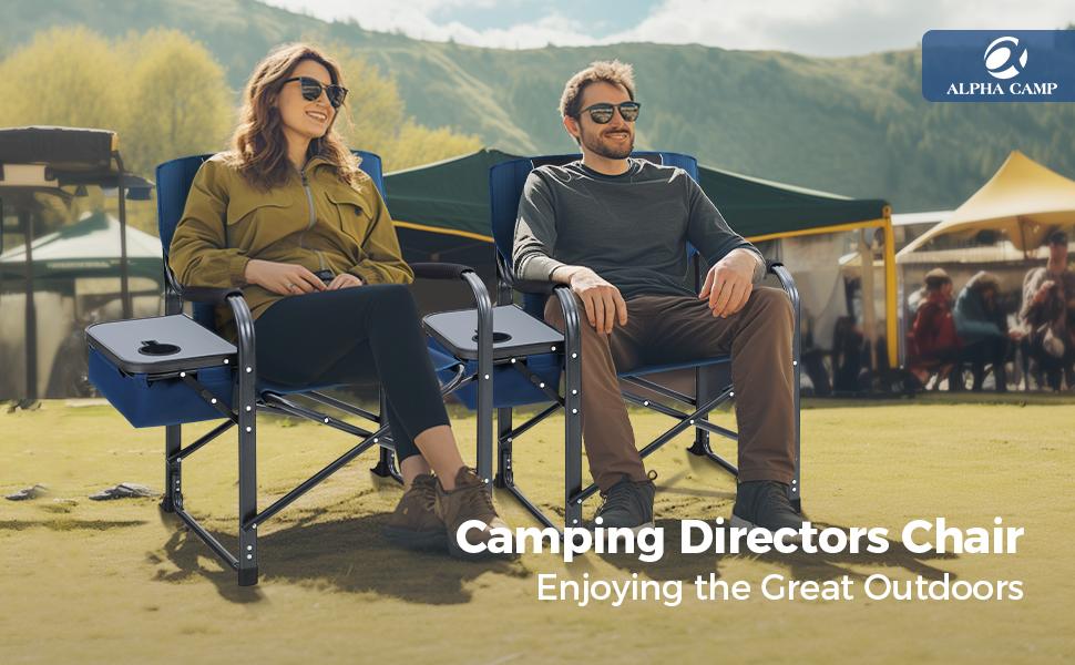 PHI VILLA 27” High Back Adjustable Camping Chair, 2-Position Reclining Folding Director Chair Supports 300lbs, Heavy Duty Outdoor Lawn Chair with Side Shelf