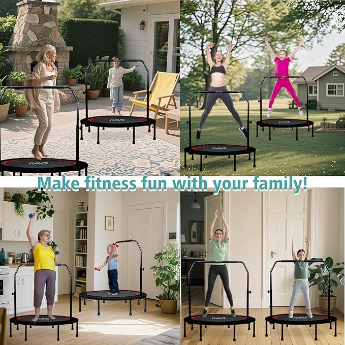 48" Foldable Home Fitness Trampoline with Adjustable Handles & Resistance Bands – for Adults & Kids, Indoor/Outdoor Exercise Equipment