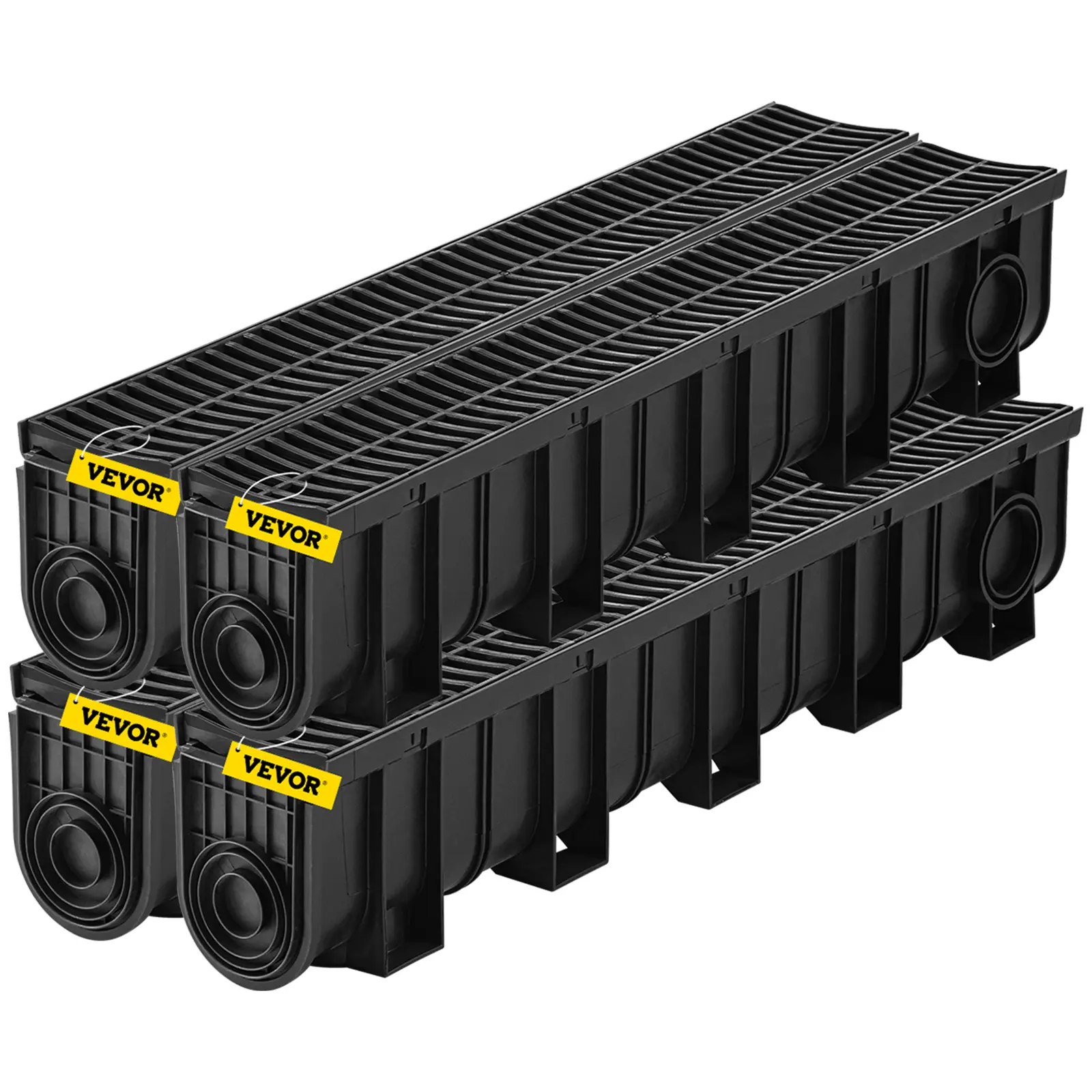 【summerfinds】VEVOR Trench Drain System, Channel Drain with Plastic Grate, 5.9x7.5-Inch HDPE Drainage Trench, Black Plastic Garage Floor Drain, 4x39 Trench Drain Grate, with 4 End Caps, for Garden, Driveway-4 Pack