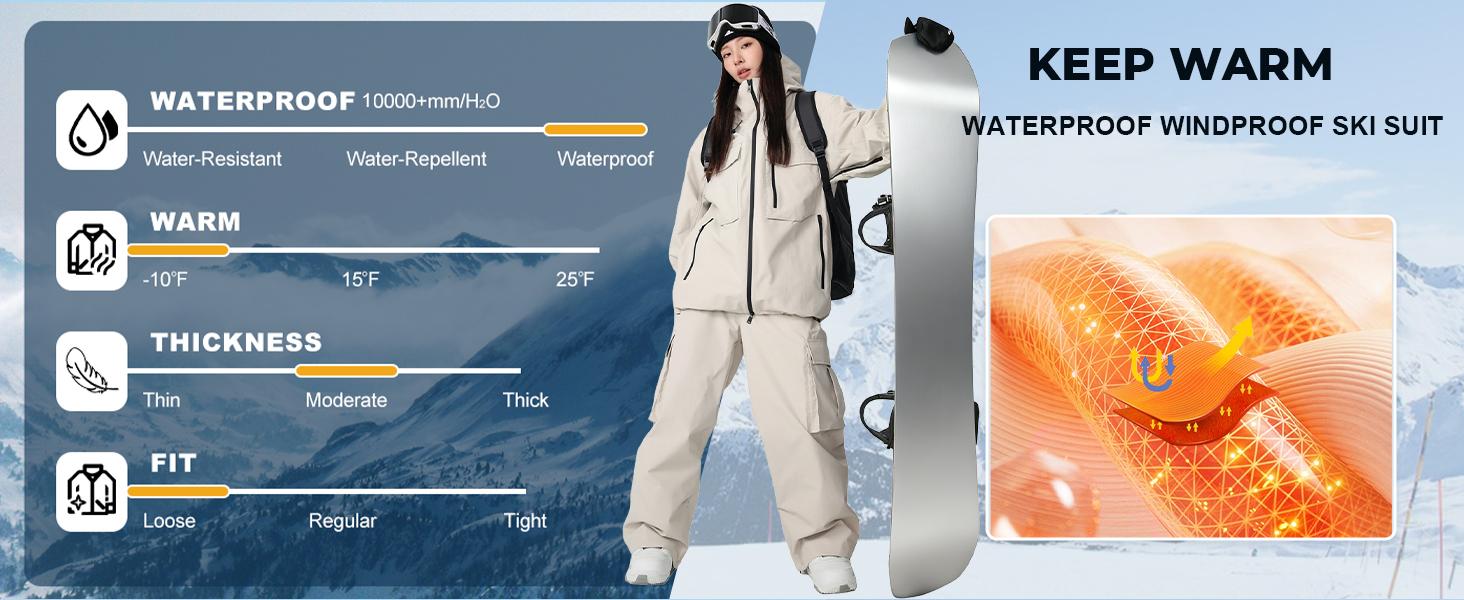YEEFINE Men and Women's Snow Snowboard Pants Loose Fit Insulated Waterproof Unisex Baggy Cargo Ski Pants Bibs Warm Winter