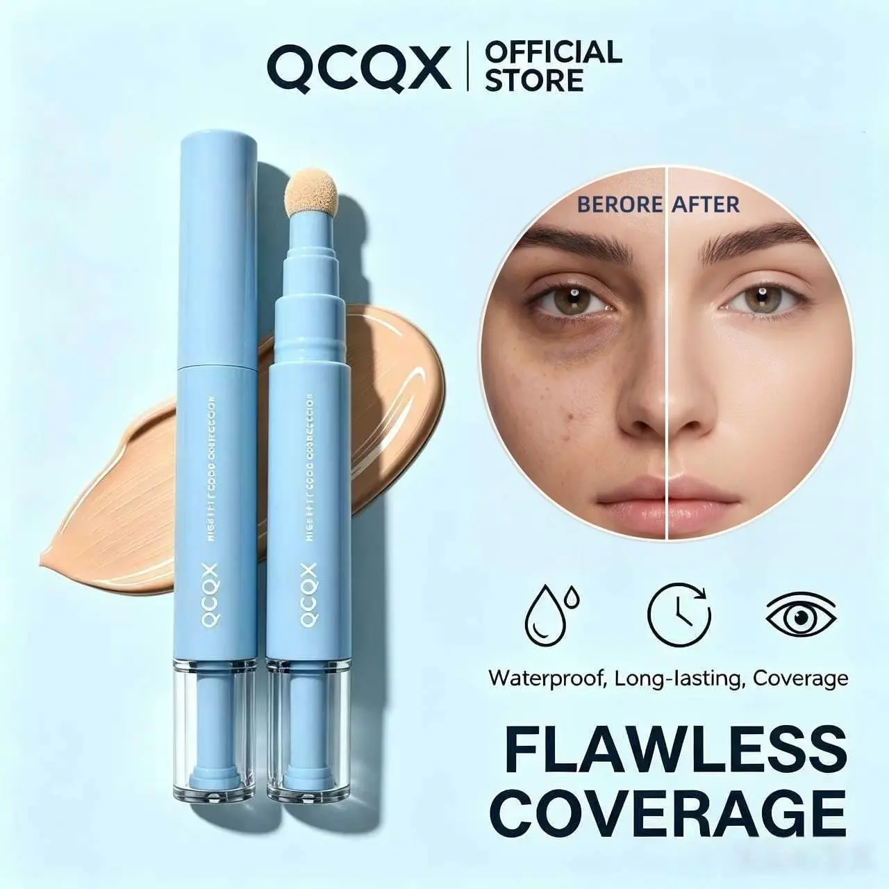 【QCQX】Dual-Effect Color Correcting Multi-Use Concealer & Foundation, 24-Hour Long-Lasting High-Coverage Matte Korean Pressed Powder, Nourishing Cosmetic for Flawless Base Makeup, Covers Acne Marks & Sculpts Nose, Color Correcting Concealer,back to school