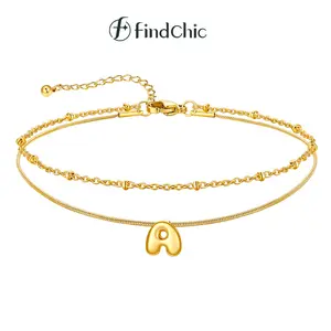 FindChic Bubble Initial 14K Gold Plated Two-layer Anklet for Women Golden Silver Color Letter Pendant Bead Chain Daily Casual Summer Beach Footwear Stainless Steel Ankle Bracelet Jewelry Gift for Women Girls