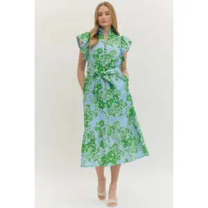 Entro Floral Print Flutter Sleeve Midi Dress
